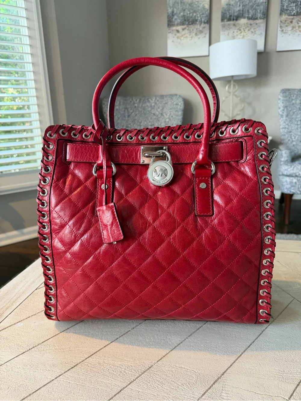 Michael Kors Hamilton Whipstitch Quilted Red Leather Large Satchel Bag